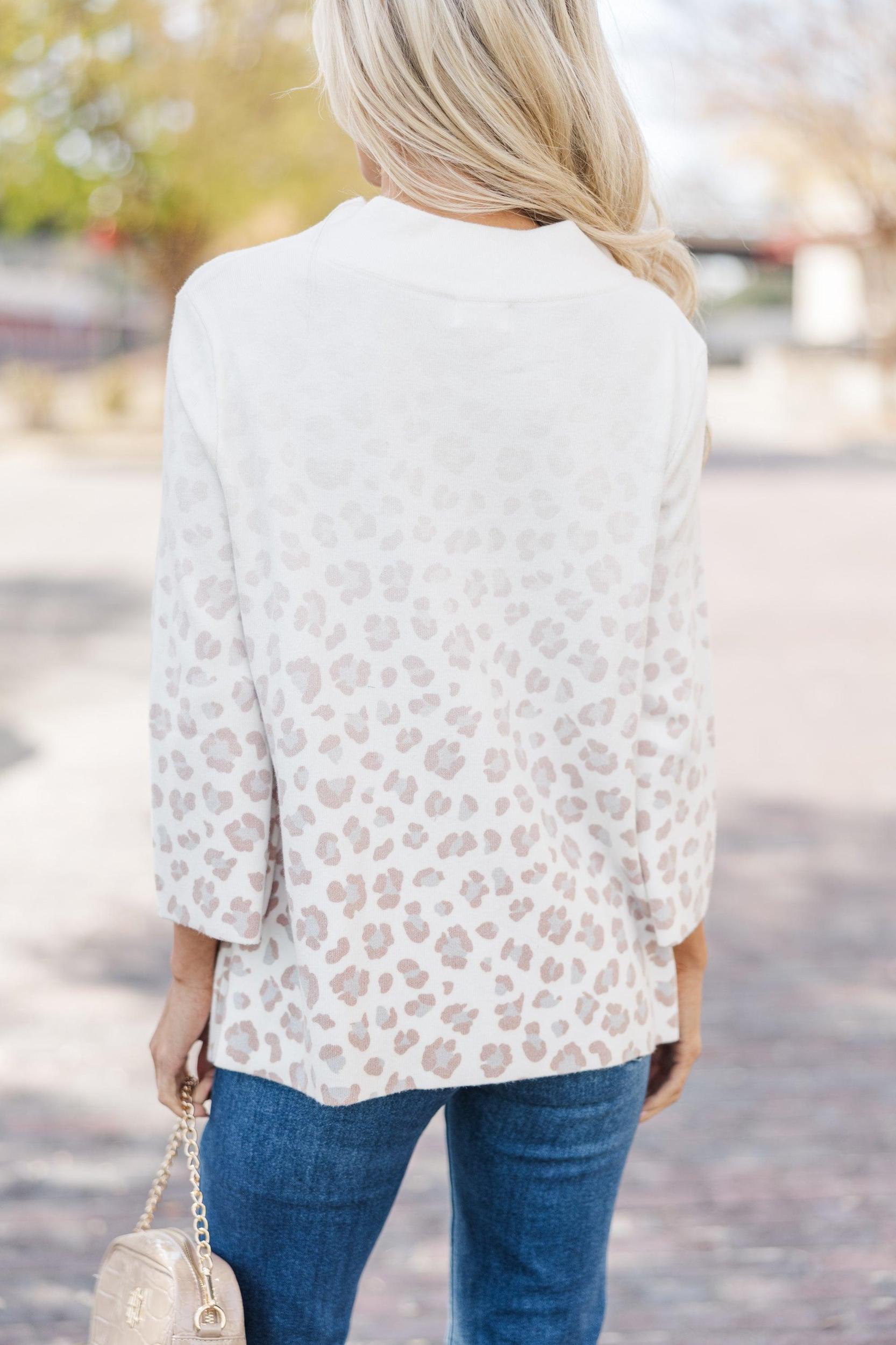 Just A Feeling Cream White Leopard Mock Neck Sweater Female Product Image