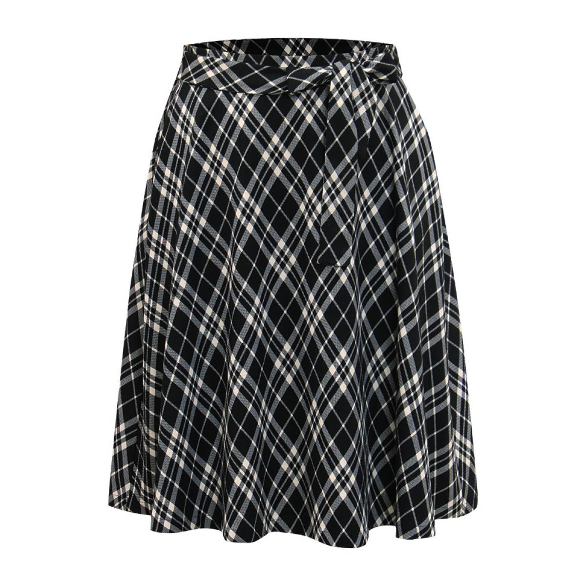 Plus Size Plaid Elastic Waist Knot Ties Skirt Women Black Office Cross straps No stretch Pocket Work Skirts BloomChic 30/6X Product Image