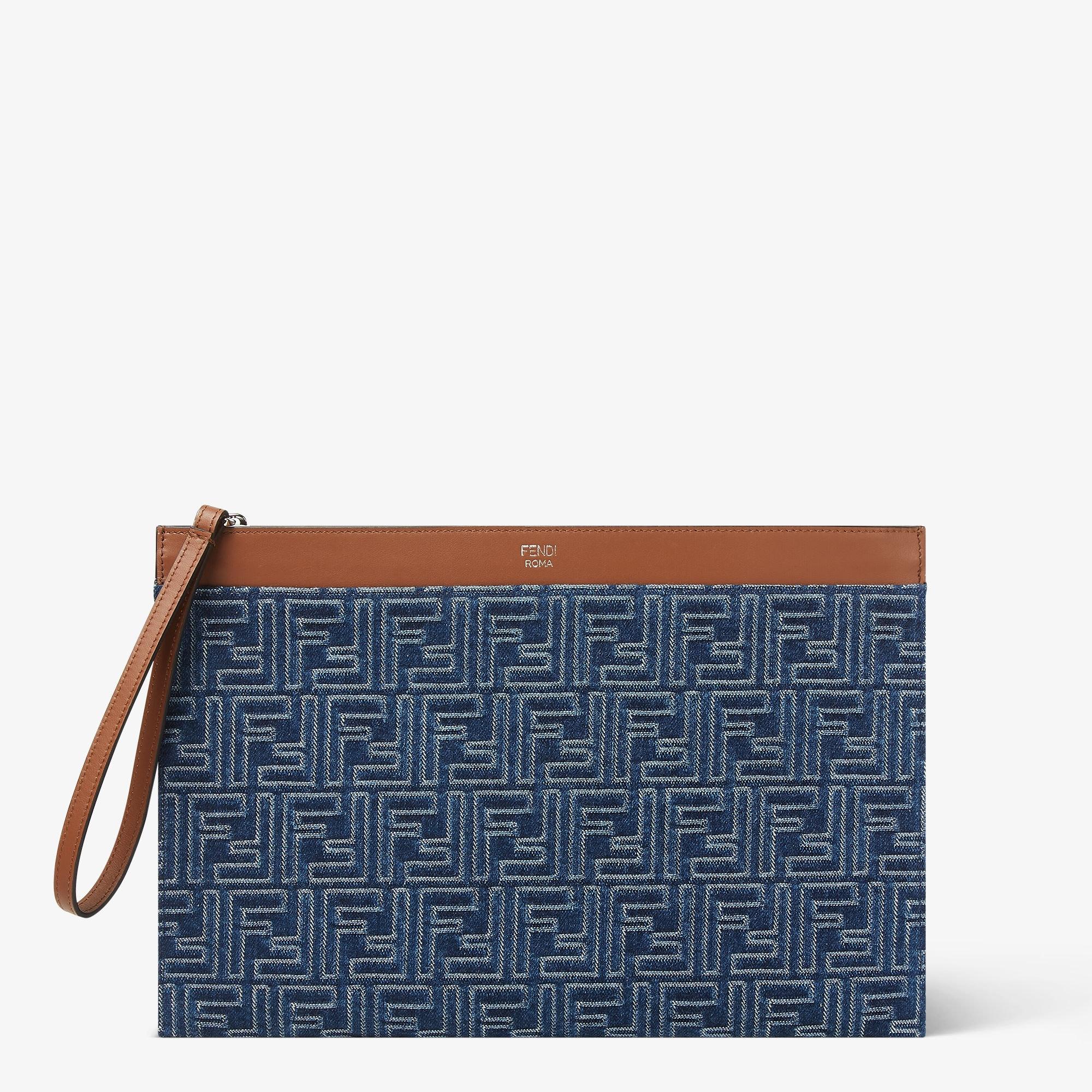 FF Medium Flat PouchBrown leather and blue denim-effect FF Jacquard pouch Product Image