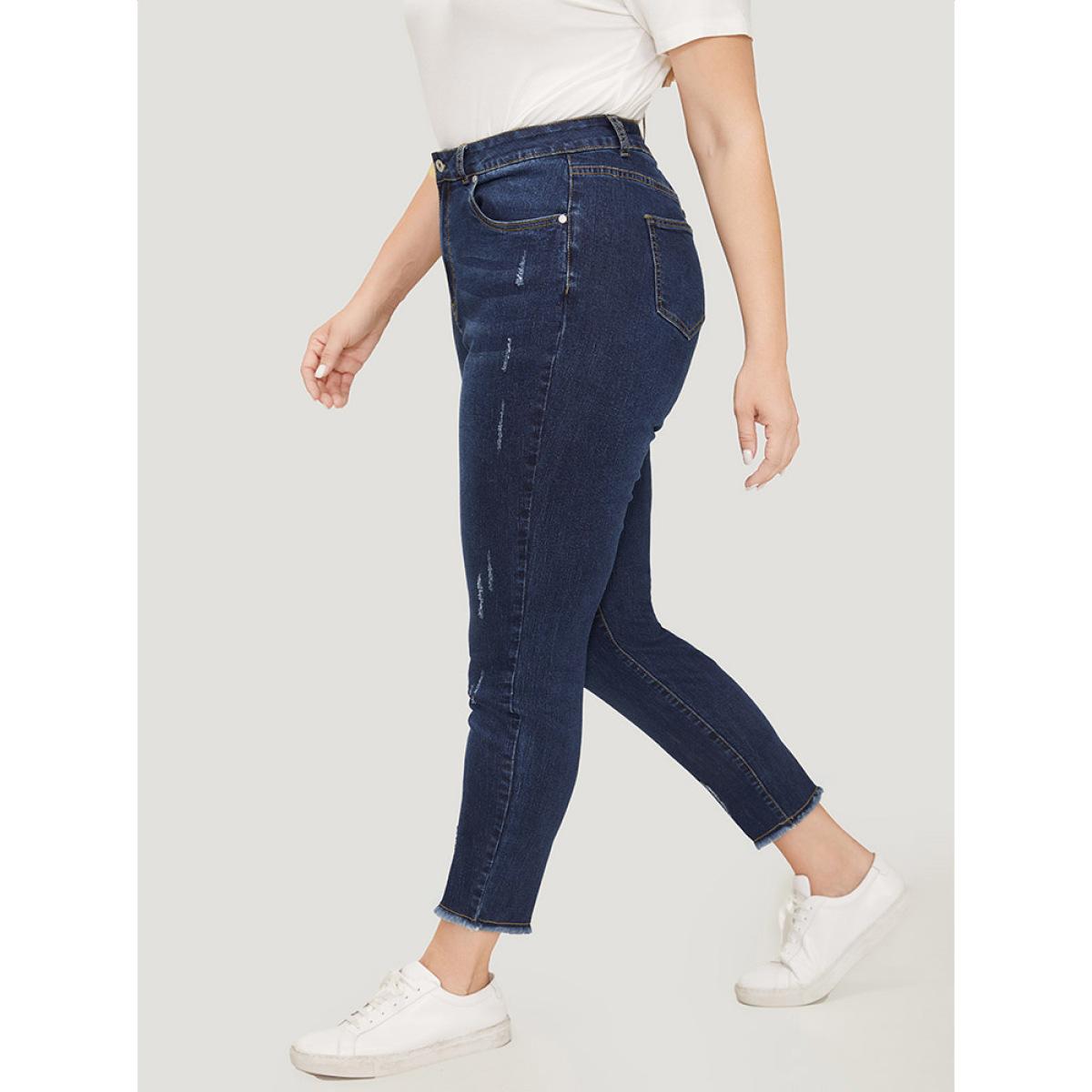 Plus Size Straight Leg Very Stretchy Raw Hem Jeans Women DarkBlue Casual Plain High stretch Pocket Jeans BloomChic 10/M Product Image