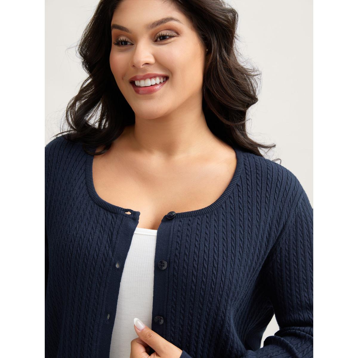 Plus Size Supersoft Cable Knit Button Solid Cardigan Midnight Women Leisure Loose Long Sleeve Casual Cardigans BloomChic 26/4X Product Image