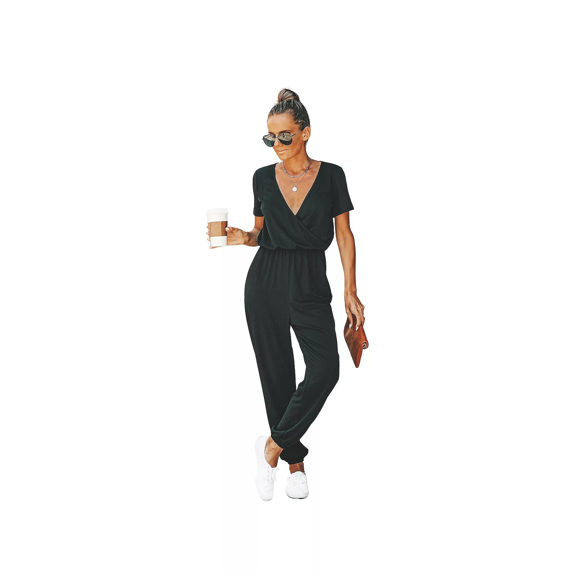 Women's Cupshe Danica V-neck Maxi Short Sleeve Jumpsuit, Size: Medium, Black Product Image