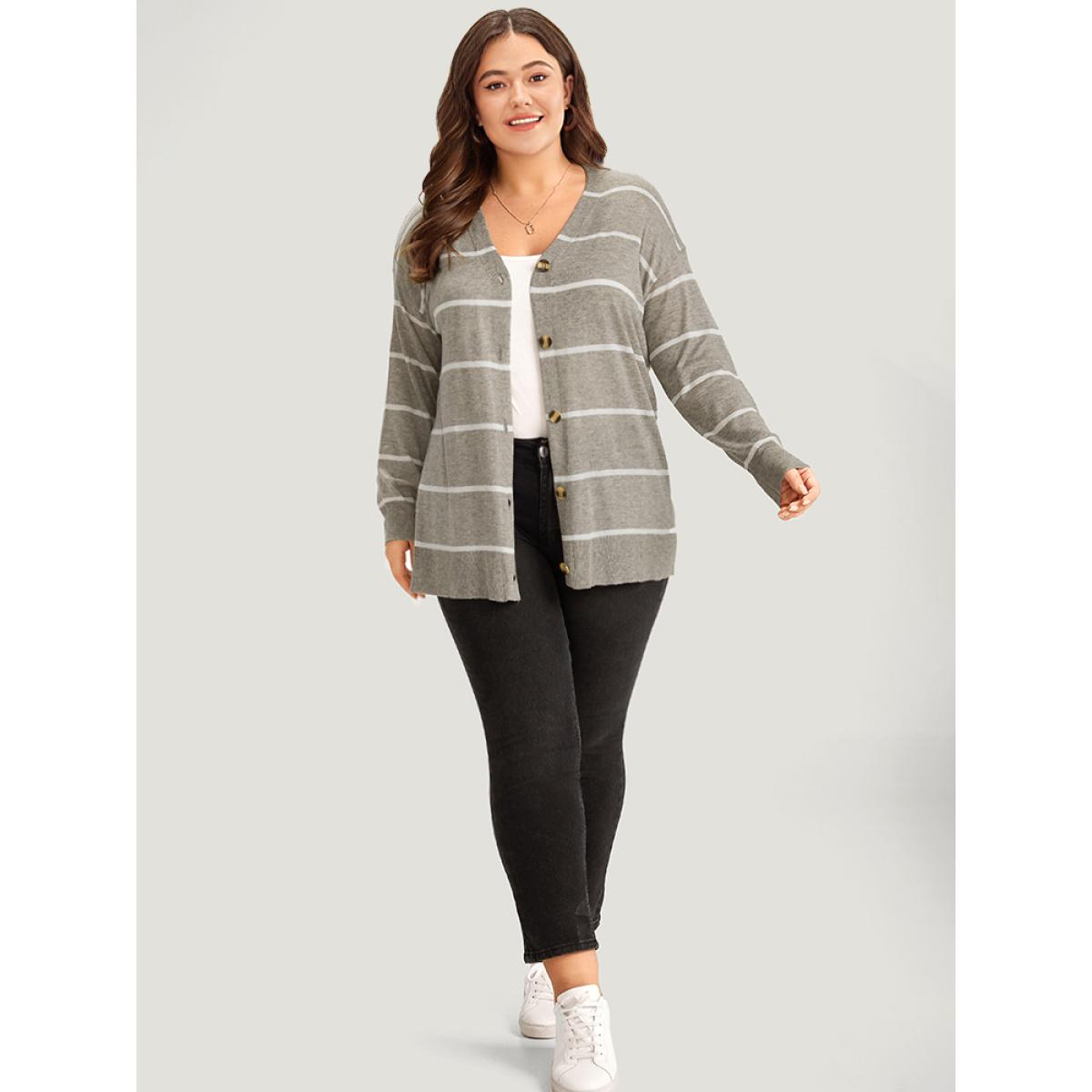 Plus Size Supersoft Essentials Striped Button Through Elastic Cuffs Cardigan DarkGray Women Casual Loose Long Sleeve Dailywear Cardigans BloomChic 12/L Product Image