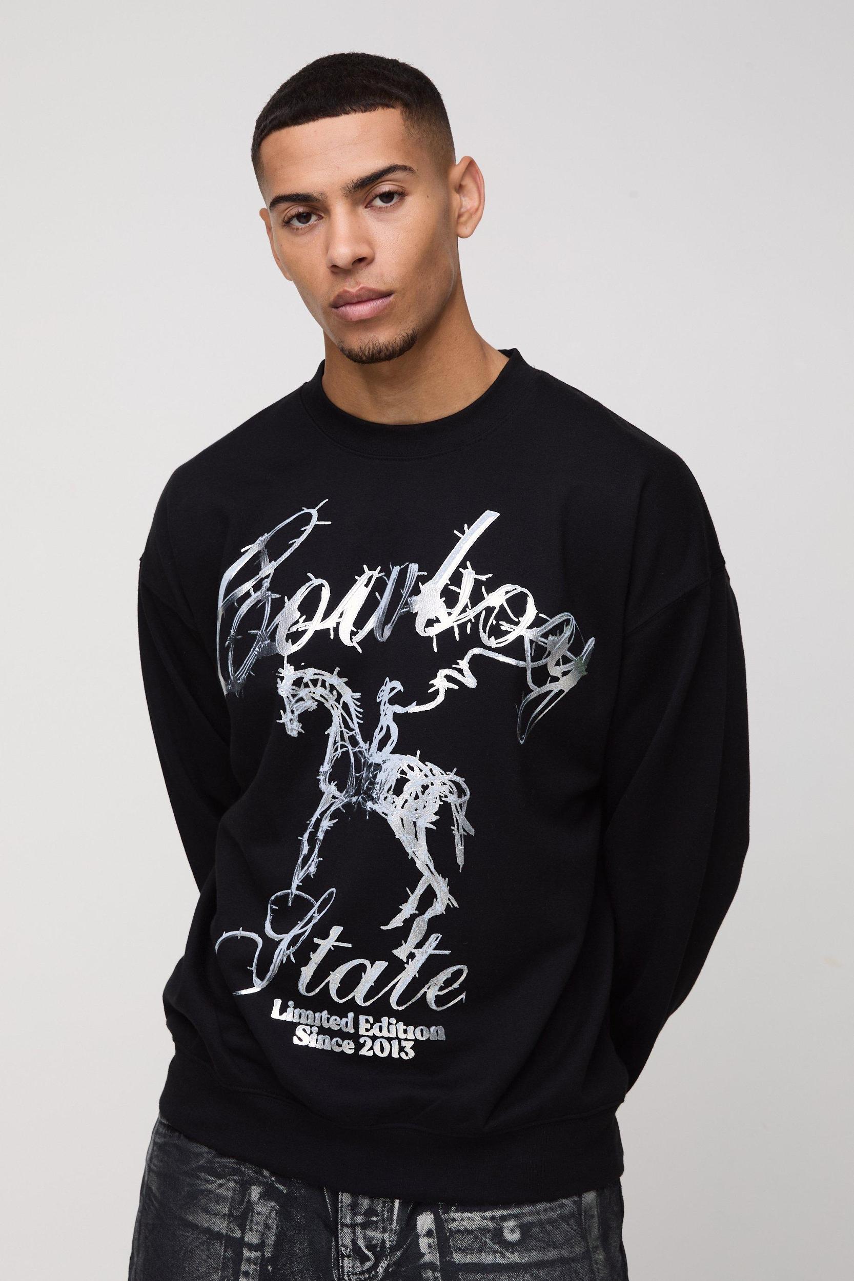 Oversized Western Metallic Graphic Sweatshirt | boohooMAN USA Product Image