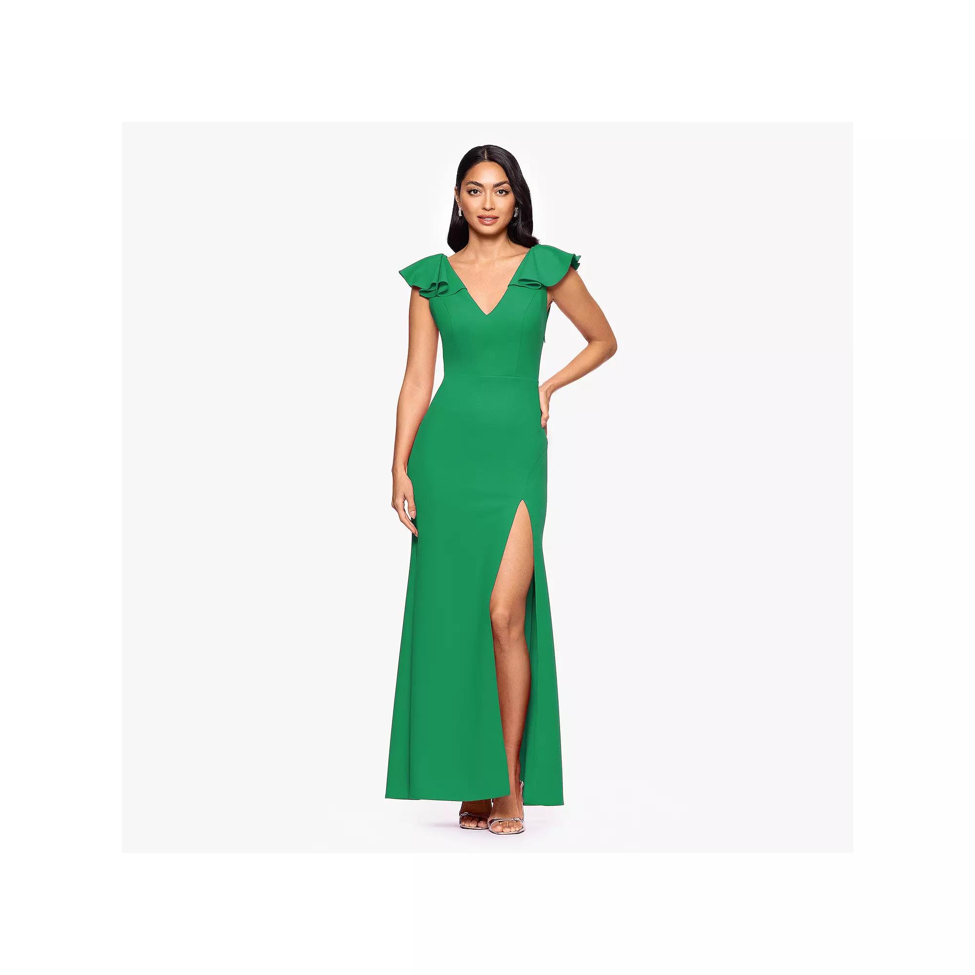 Women's BA Nites Long Scuba Crepe Ruffle V-Neck Dress,  Product Image