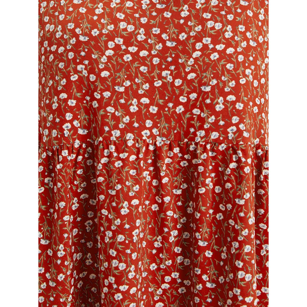 Plus Size Ditsy Floral Pocket Layered Patchwork Crew Neck Dress Russet Women Elegant Printed Round Neck Short sleeve Curvy Midi Dress BloomChic 22-24/3X Product Image