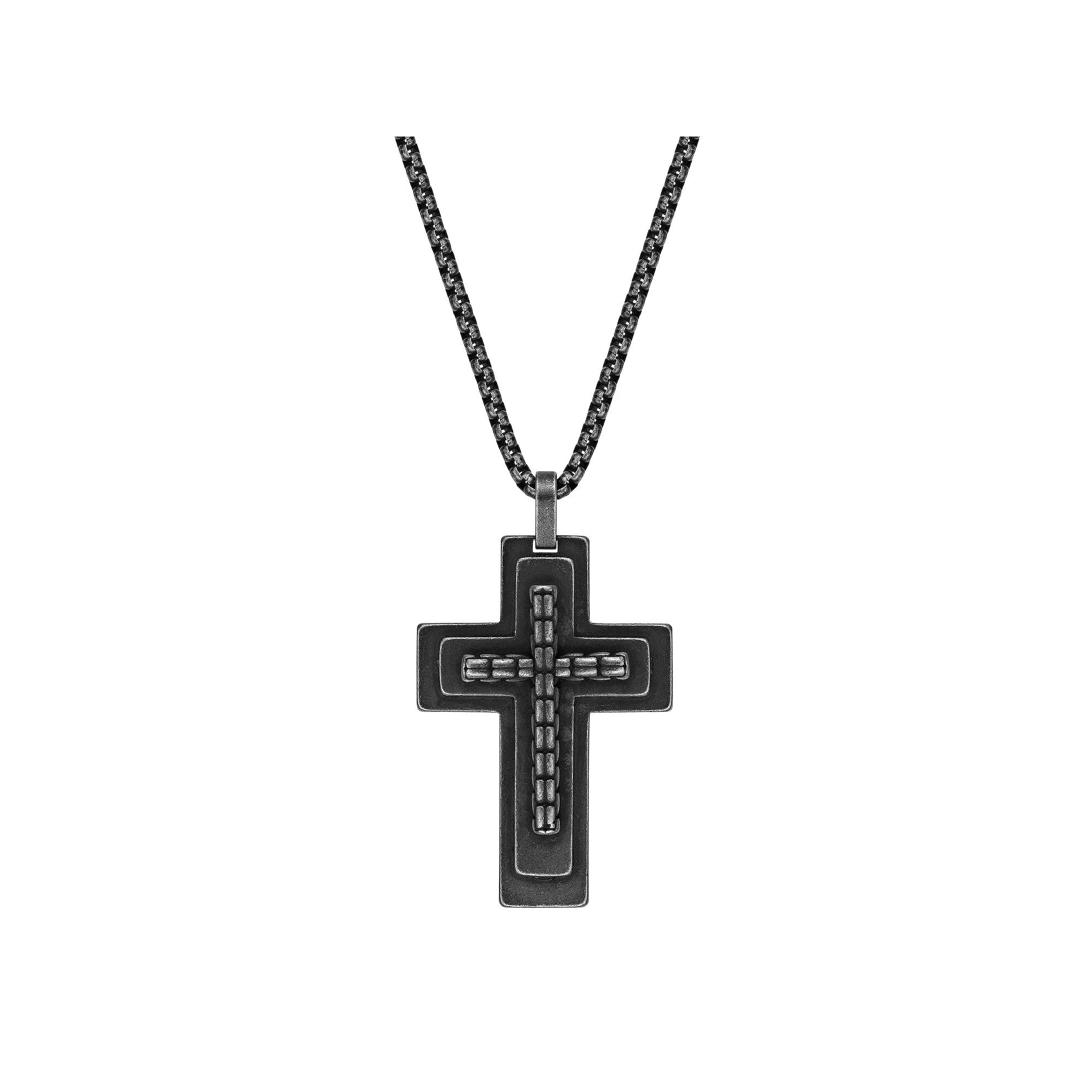 Men's LYNX Antiqued Black Ion Plated Stainless Steel Layered Cross Pendant Necklace,  Product Image