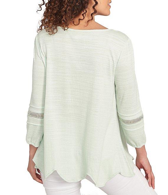 Ruby Rd. Petite Size Knit Scoop Neck 3/4 Bishop Sleeve Lace Trim Scallop Hem Top Product Image
