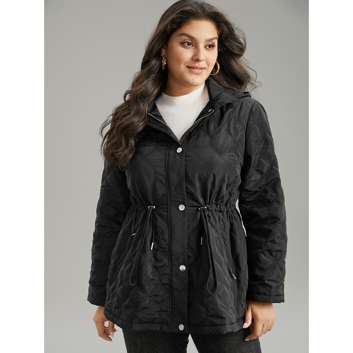 Plus Size Plain Button Up Drawstring Hooded Coat Women Black Casual Plain Ladies Dailywear Winter Coats BloomChic 28/5X Product Image