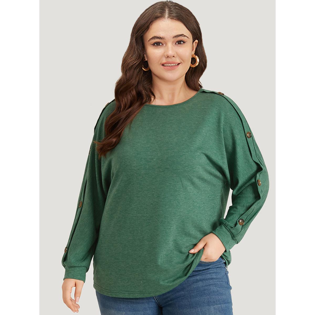 Plus Size Solid Round Neck Button Detail Dolman Sleeve Sweatshirt Women DarkGreen Casual Elastic cuffs Round Neck Dailywear Sweatshirts BloomChic 22-24/3X Product Image
