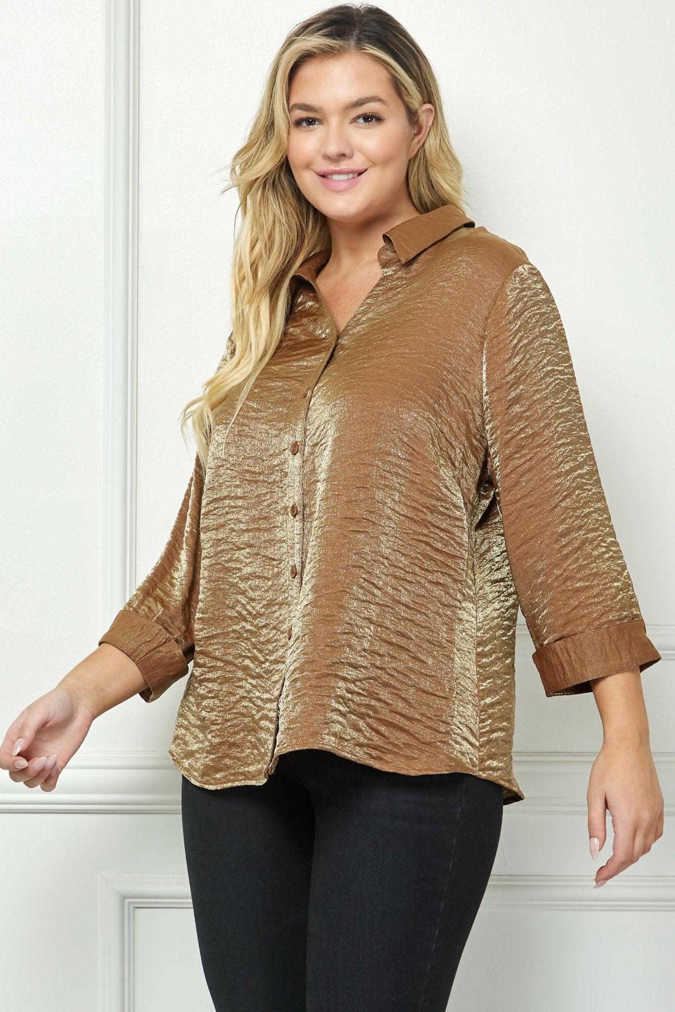 Cognac 3/4 Length Notch Sleeve Johnny Collar Button-Front Top - Plus Product Image