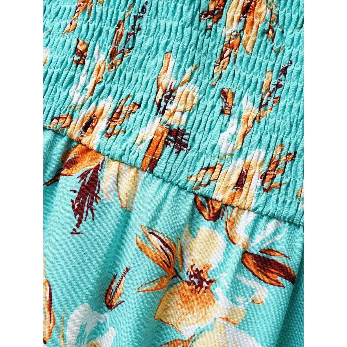 Plus Size Floral Shirred Elastic Waist Split Hem Dress Turquoise Women Elegant Frill Trim Square Neck Short sleeve Curvy BloomChic 10/M Product Image