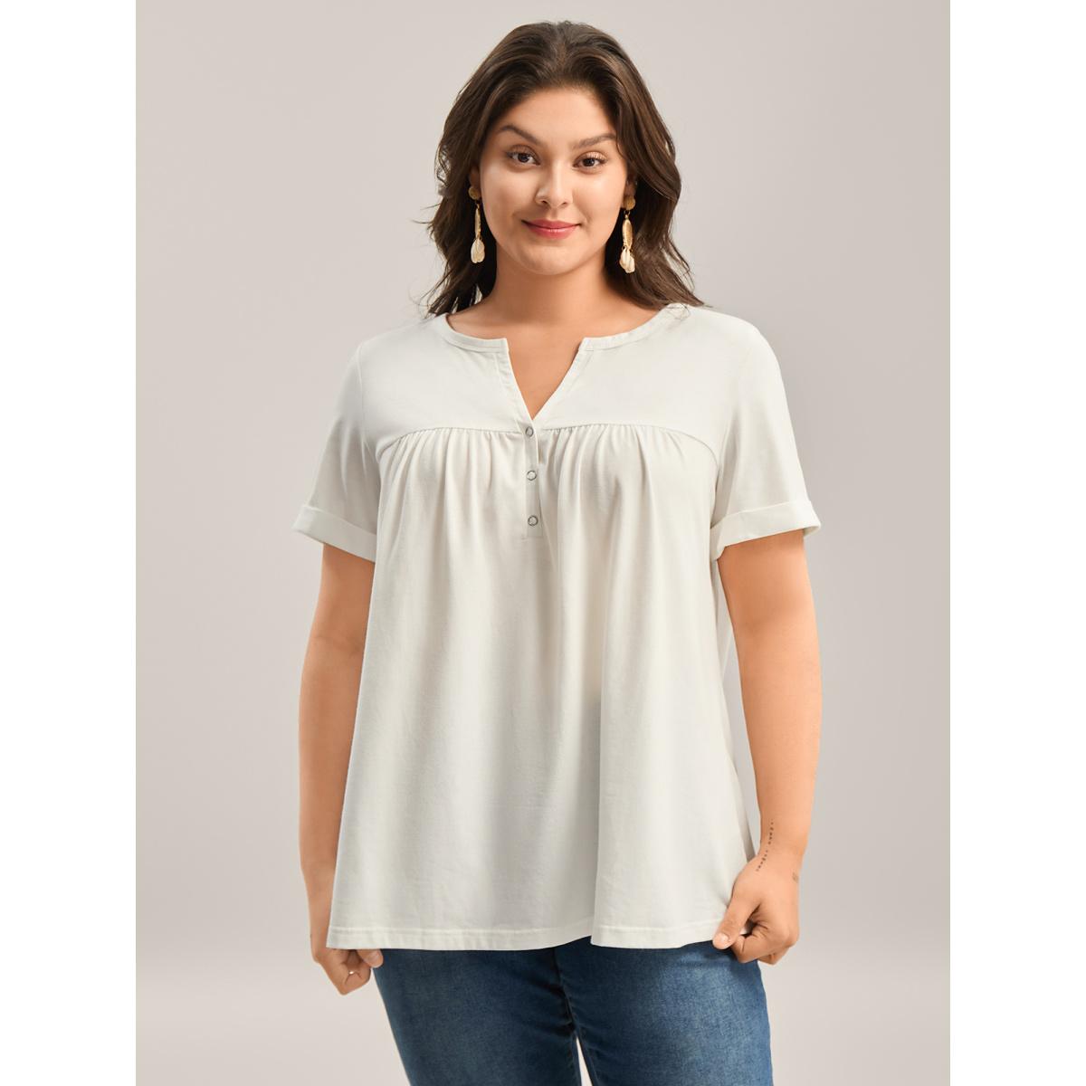 Plus Size Button Placket Split Neck Pleated T-Shirt Originalwhite Women Gathered Notched collar Vacation T-shirts BloomChic 12/L Product Image