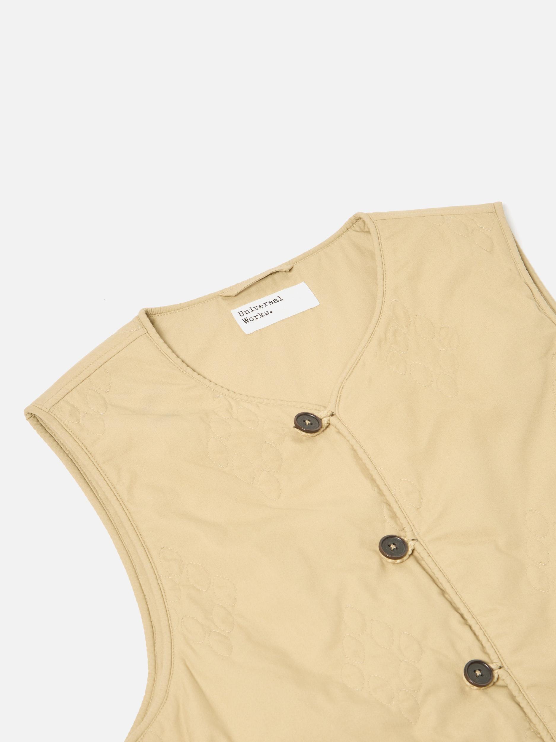 Universal Works Quilted Piped Liner Gilet in Sand Recycled Poly Tech Product Image