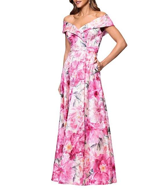 Xscape Off The Shoulder Cap Sleeve Floral Burnout Chiffon A-Line Gown Product Image