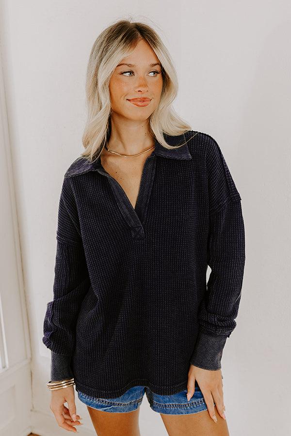 Cozy Cues Waffle Knit Top in Navy Product Image