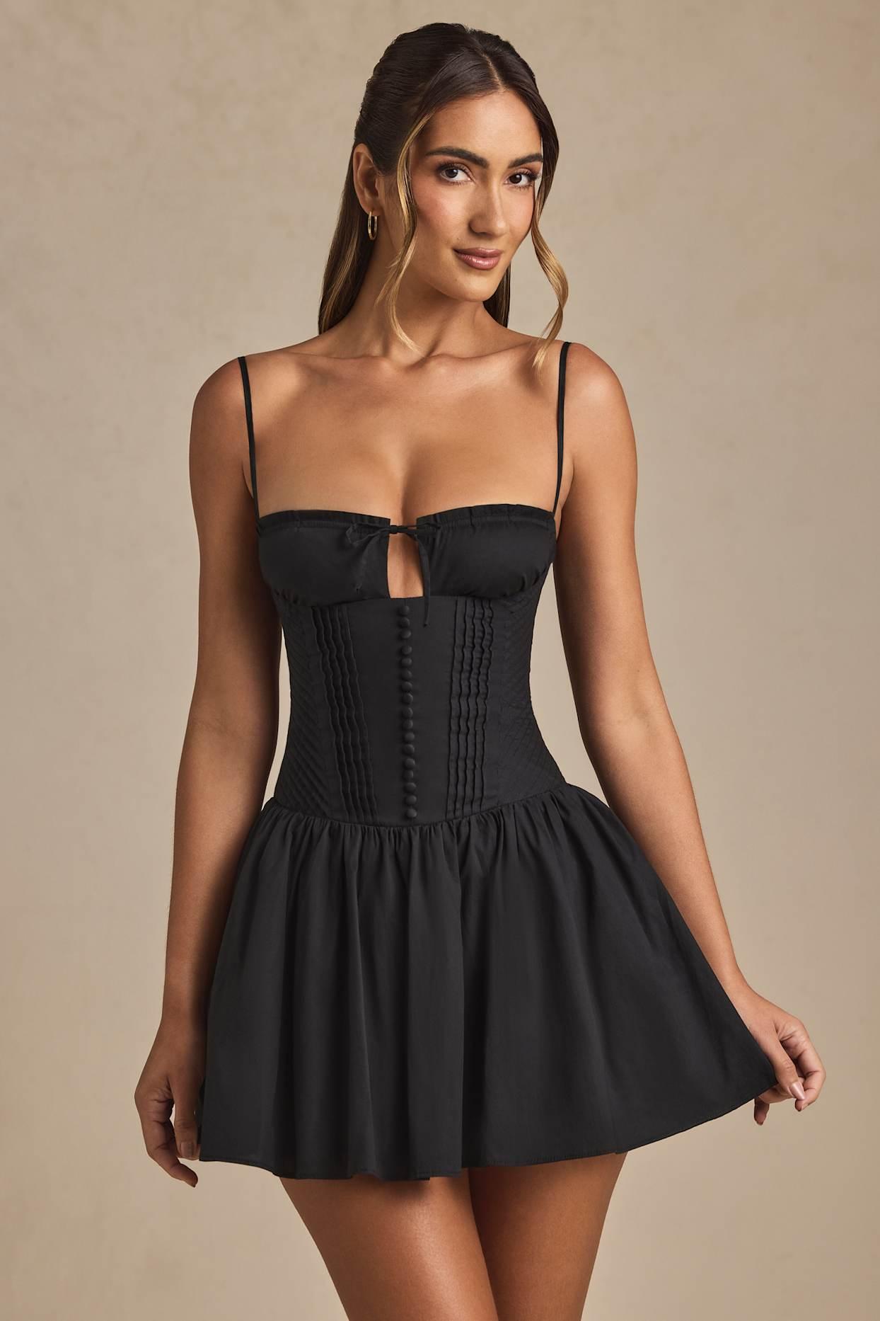 Pintucked Shirred Mini Dress in Black Product Image