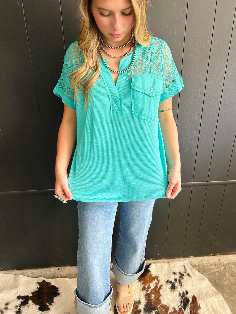 Sea Green Lace Patchwork Top Product Image