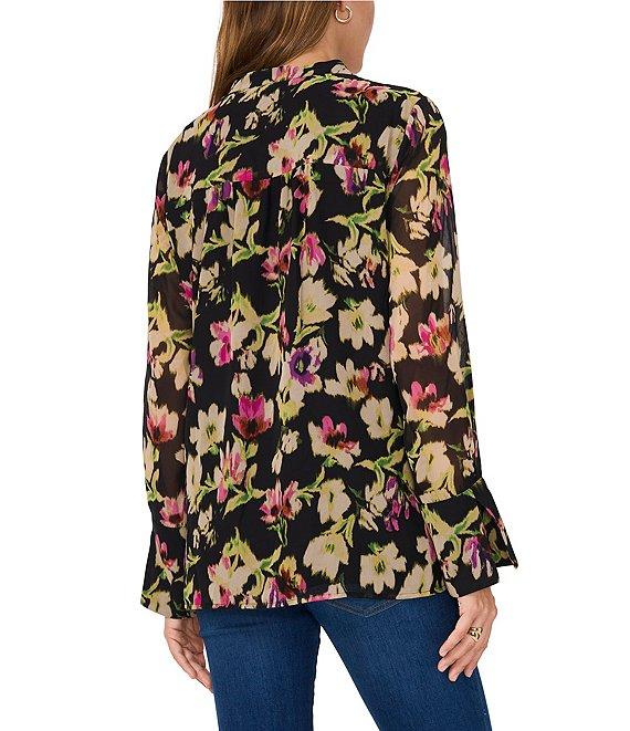 Vince Camuto Charmeuse Floral Print Split V-Neck Long Sleeve Blouse Product Image