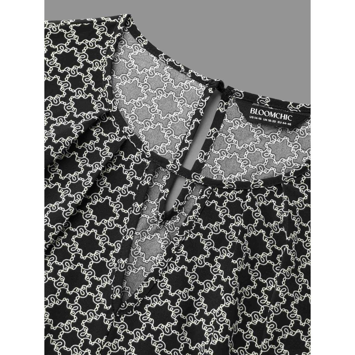 Plus Size Black Geometric Print Plicated Detail Keyhole Blouse Women Elegant Extra Long Sleeve Round Neck Everyday Blouses BloomChic 18-20/2X Product Image