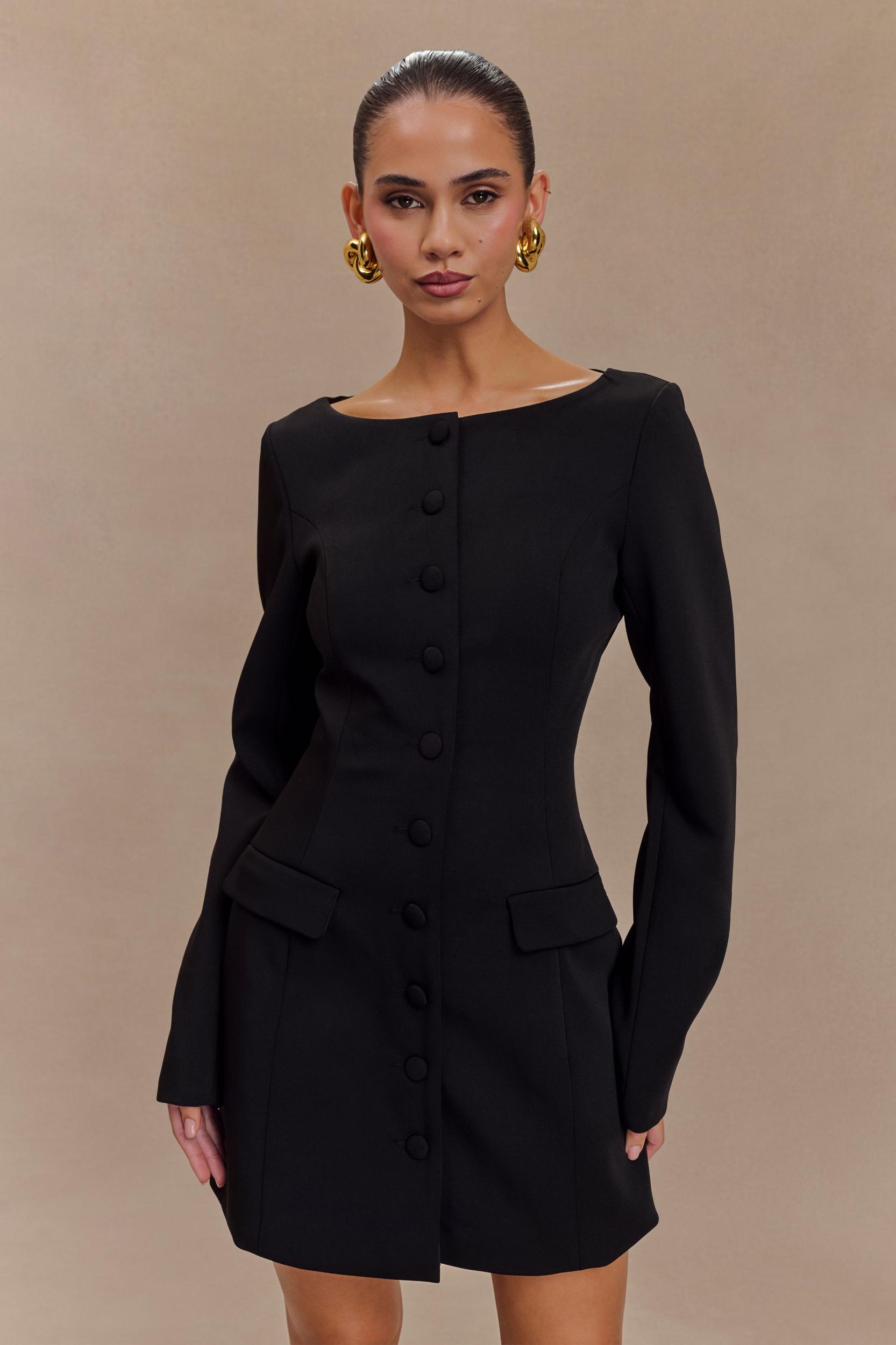 Jolie Boat Neck Suiting Mini Dress - Black Product Image