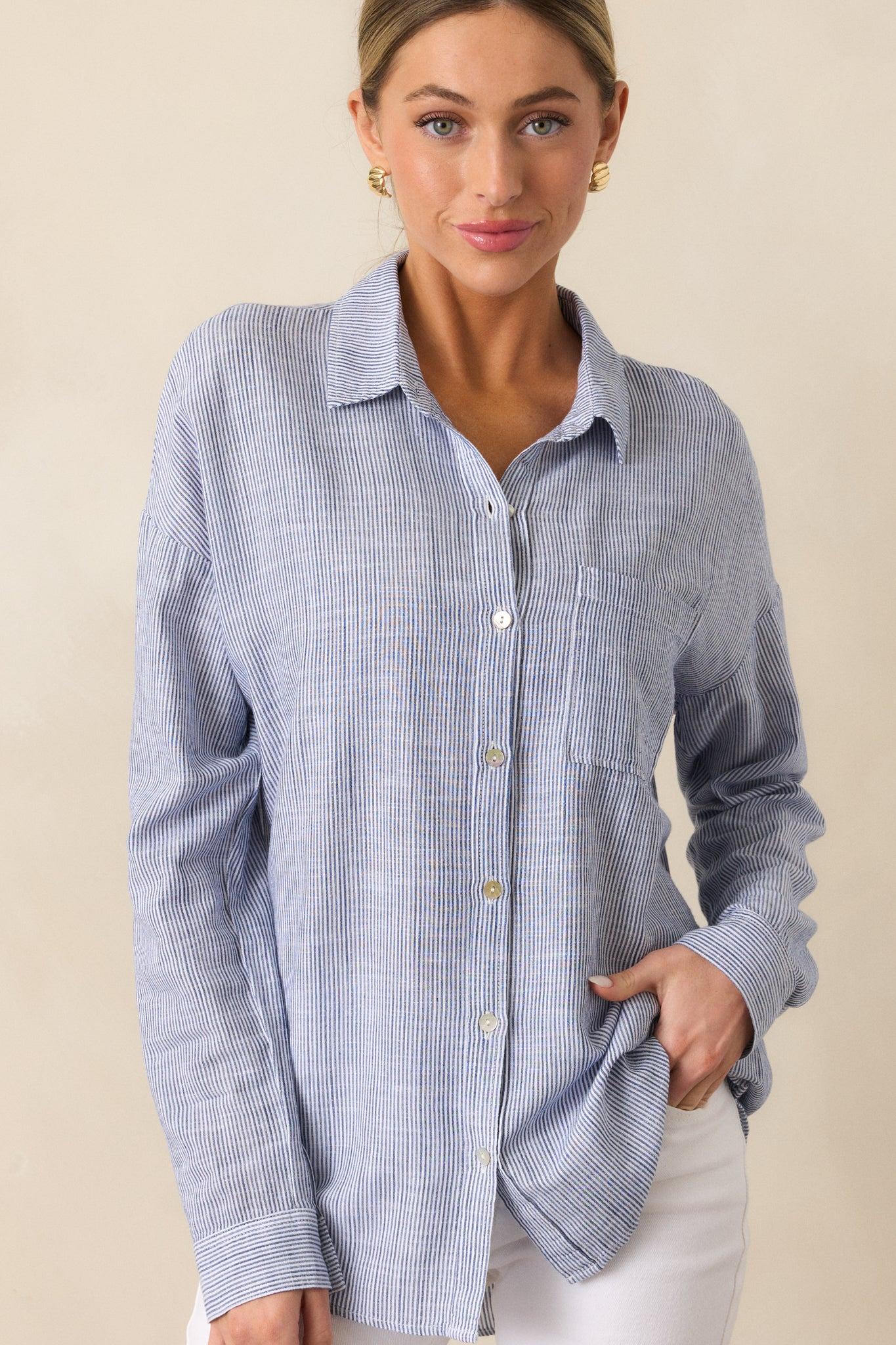 What Do You Mean Blue Stripe Linen Blend Button Front Top Product Image