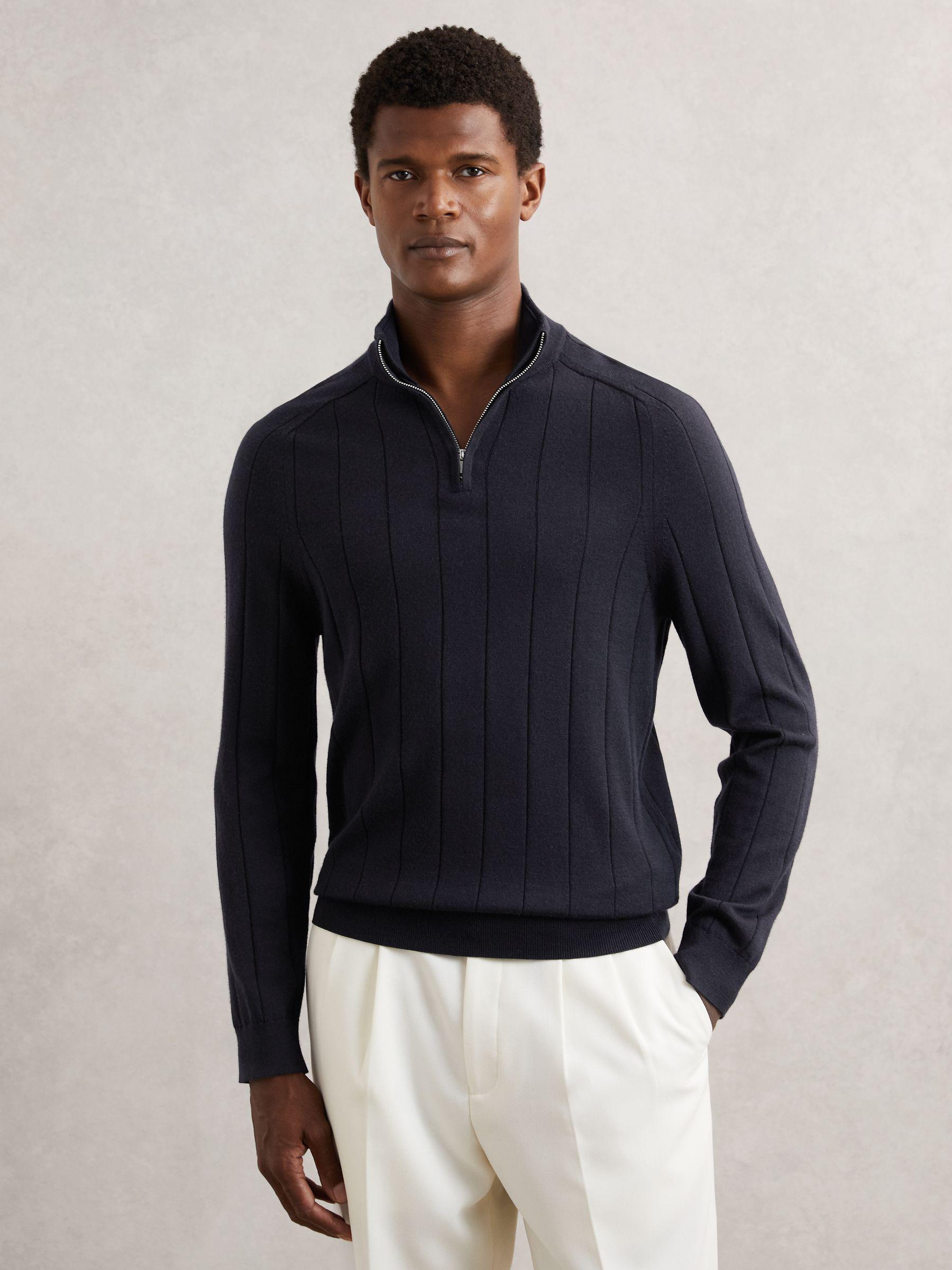 Merino Wool Wide-Rib Half-Zip Jumper in Navy Product Image