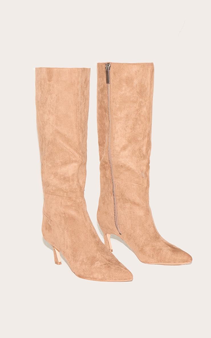 Taupe Faux Suede Point Toe Mid Heeled Knee High Boots Product Image