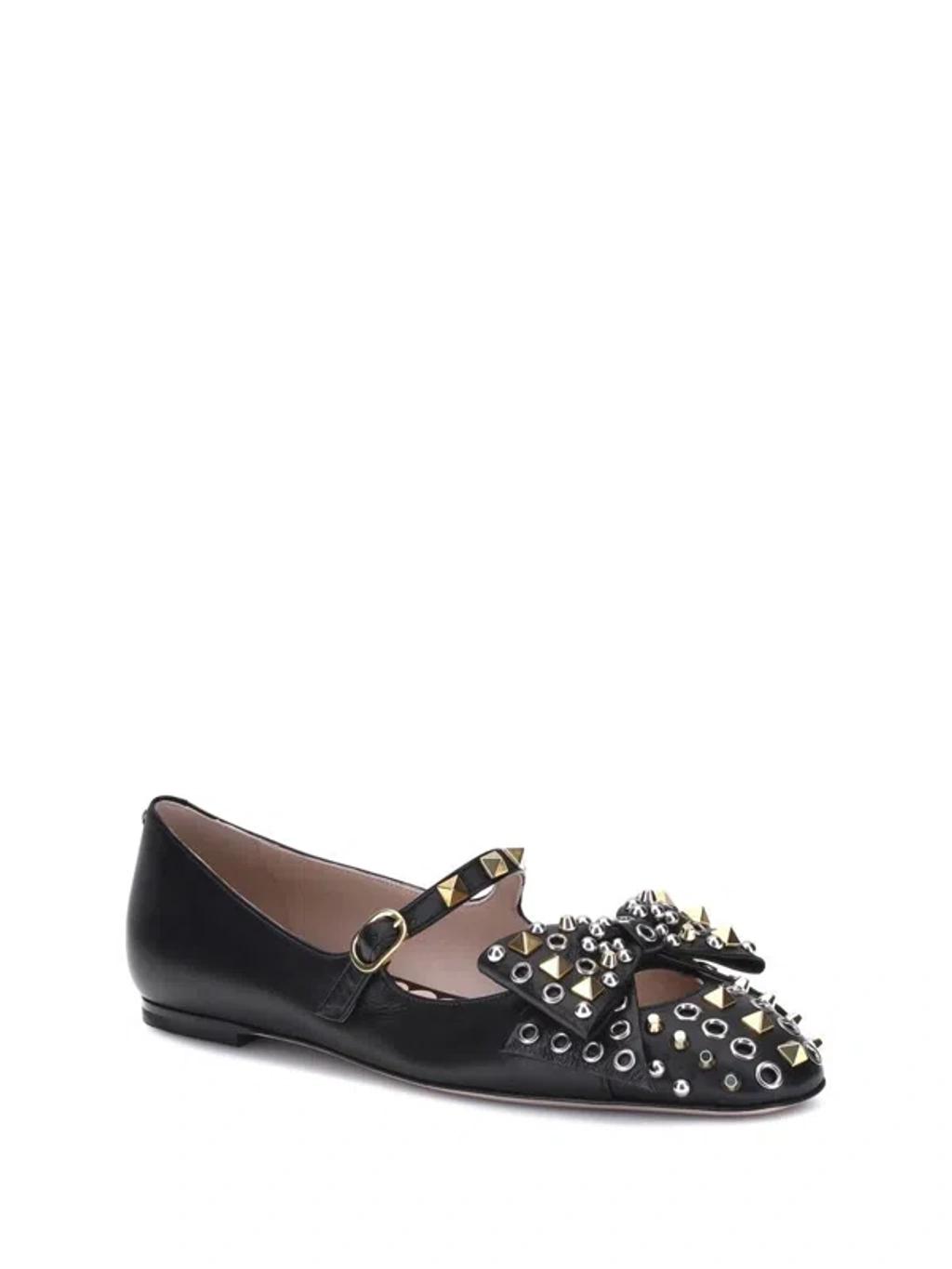 VALENTINO GARAVANI Mary-jane Bowow Ballerina In Kidskin With Studs Woman Black 35 In Multi Product Image