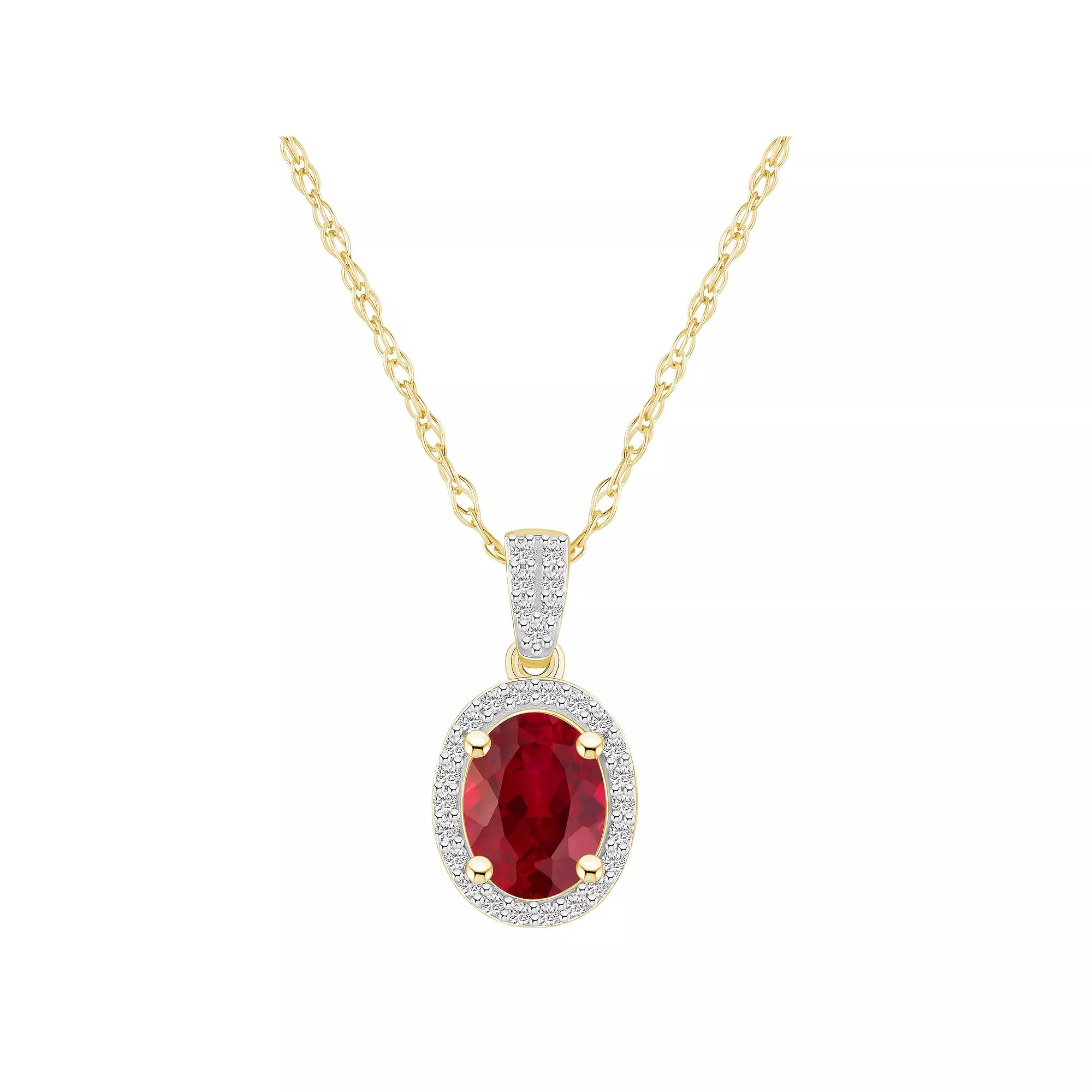Celebration Gems 10k Gold Oval Gemstone & Lab-Created White Sapphire Halo Pendant Necklace, Women's, Size: 18", Created Red Product Image