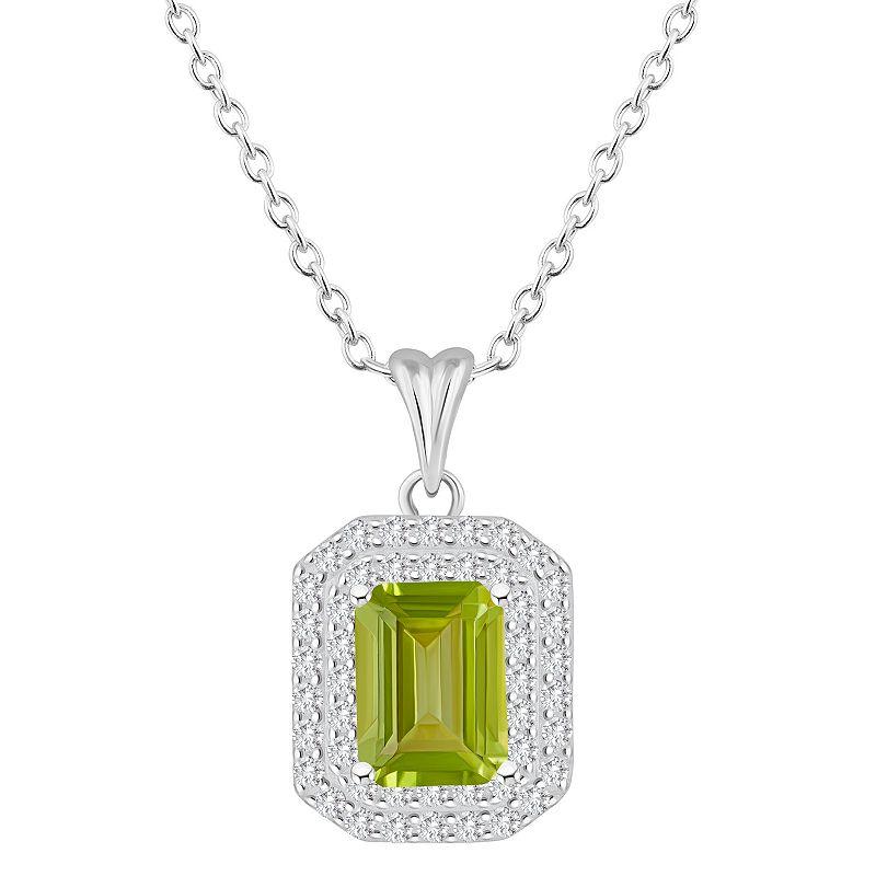 Celebration Gems Sterling Silver Emerald-Cut Peridot & White Topaz Double Halo Pendant Necklace, Women's,  Product Image