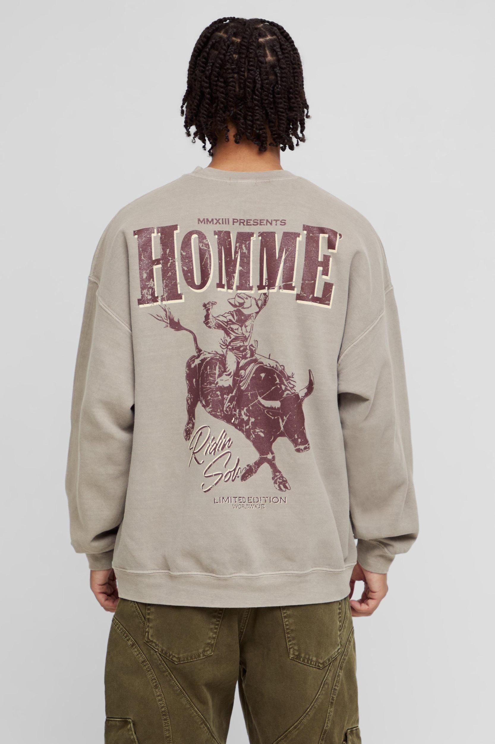 Oversized Homme Western Graphic Washed Sweatshirt | boohooMAN USA Product Image