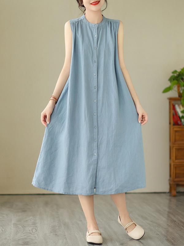 A-Line Sleeveless Buttoned Pleated Solid Color Round-Neck Midi Dresses Product Image