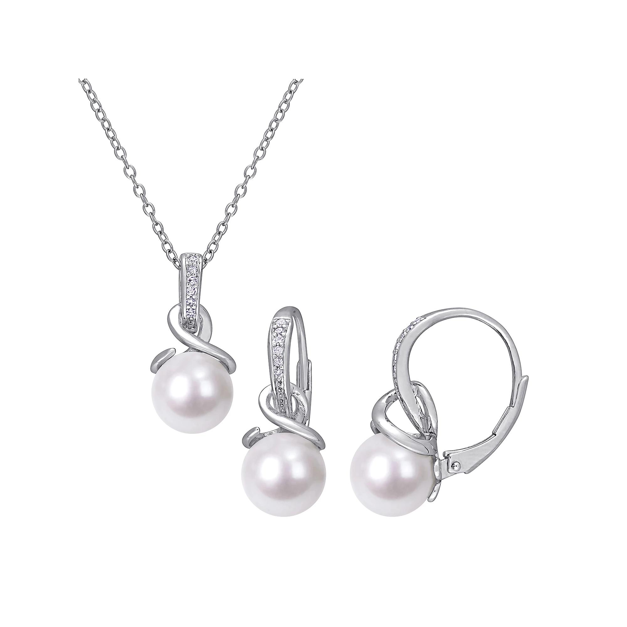 Stella Grace Sterling Silver Freshwater Cultured Pearl & 1/10 Carat T.W. Diamond Pendant & Earring Set, Women's, Size: 18" Product Image