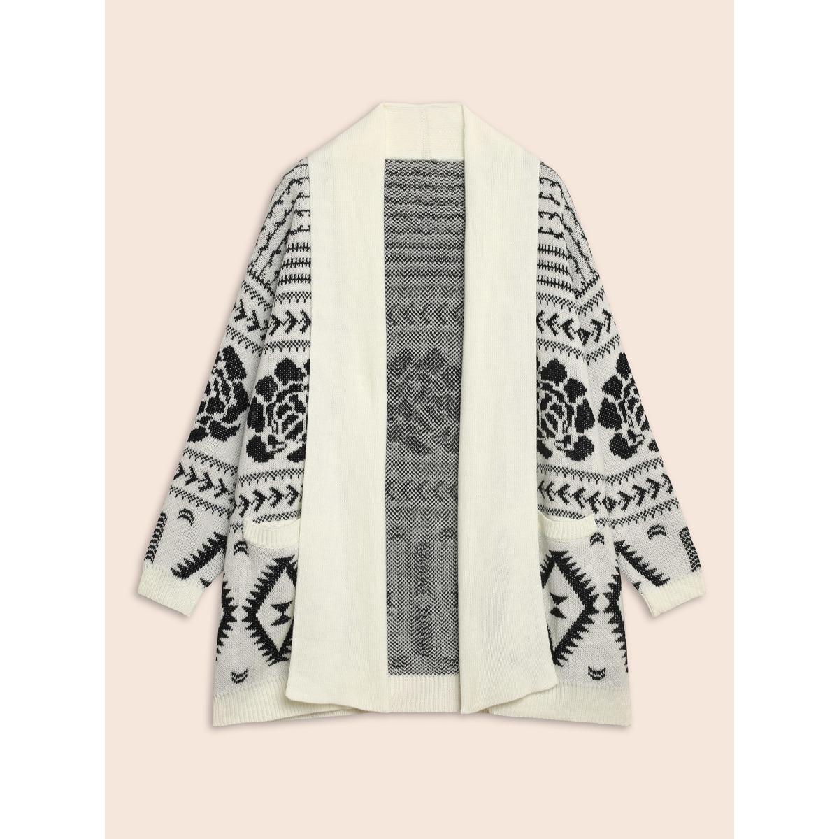 Plus Size Geometric Jacquard Lapel Collar Cardigan Beige Women Casual Loose Long Sleeve Everyday Cardigans BloomChic 22-24/3X Product Image