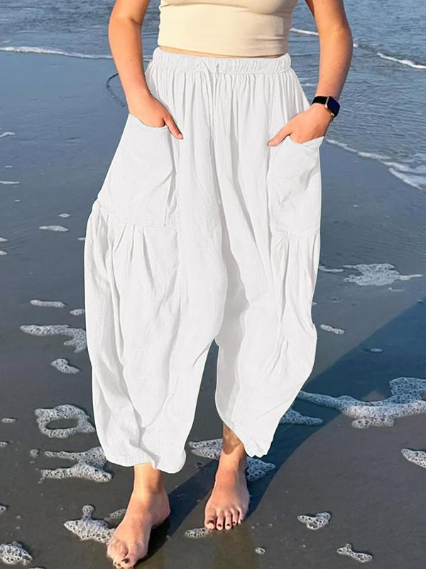 High Waisted Loose Drawstring Elasticity Pleated Pockets Solid Color Ninth Pants Trousers Product Image