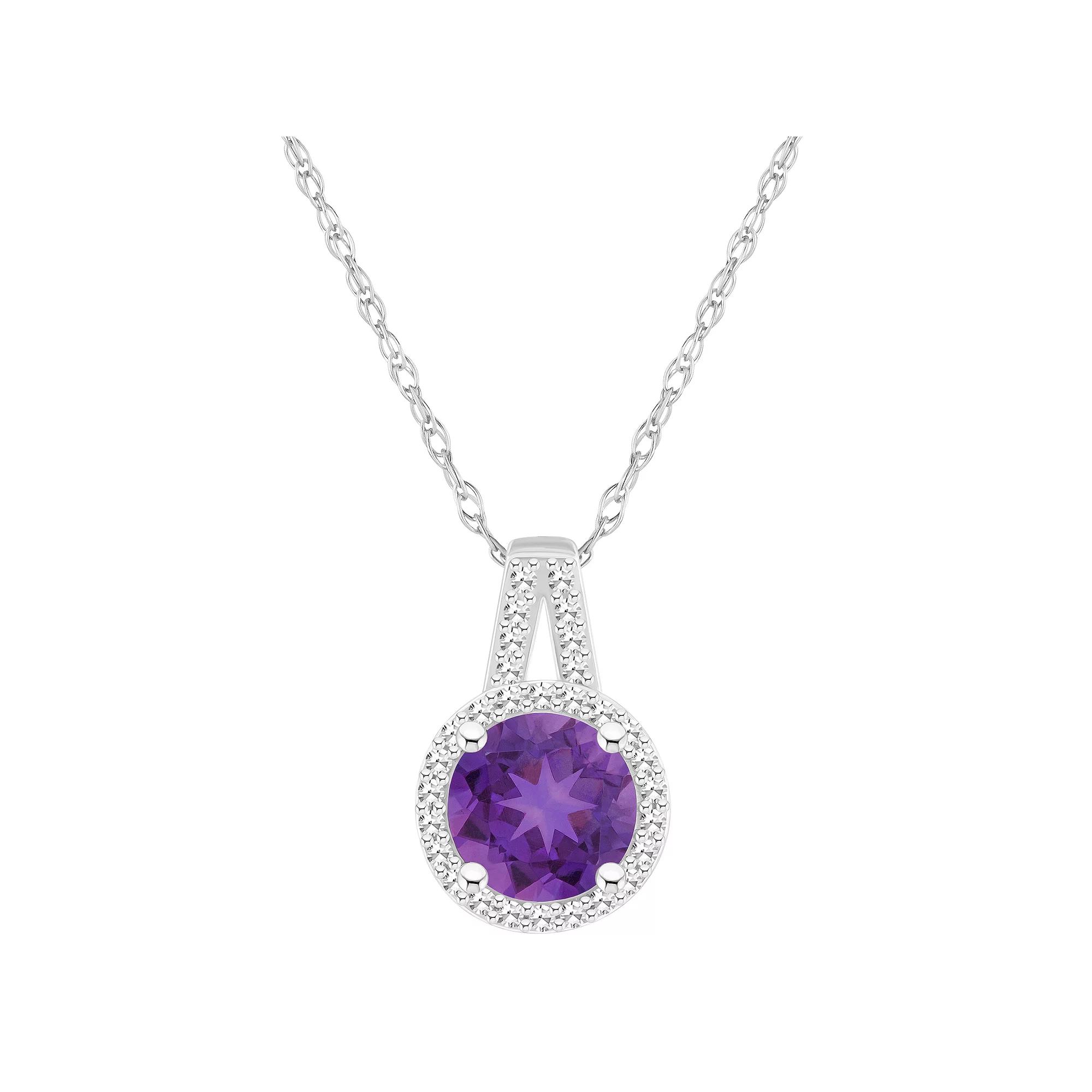 Celebration Gems Sterling Silver 7 mm Round Gemstone & 1/8 Carat T.W. Diamond Halo Pendant Necklace, Women's,  Product Image