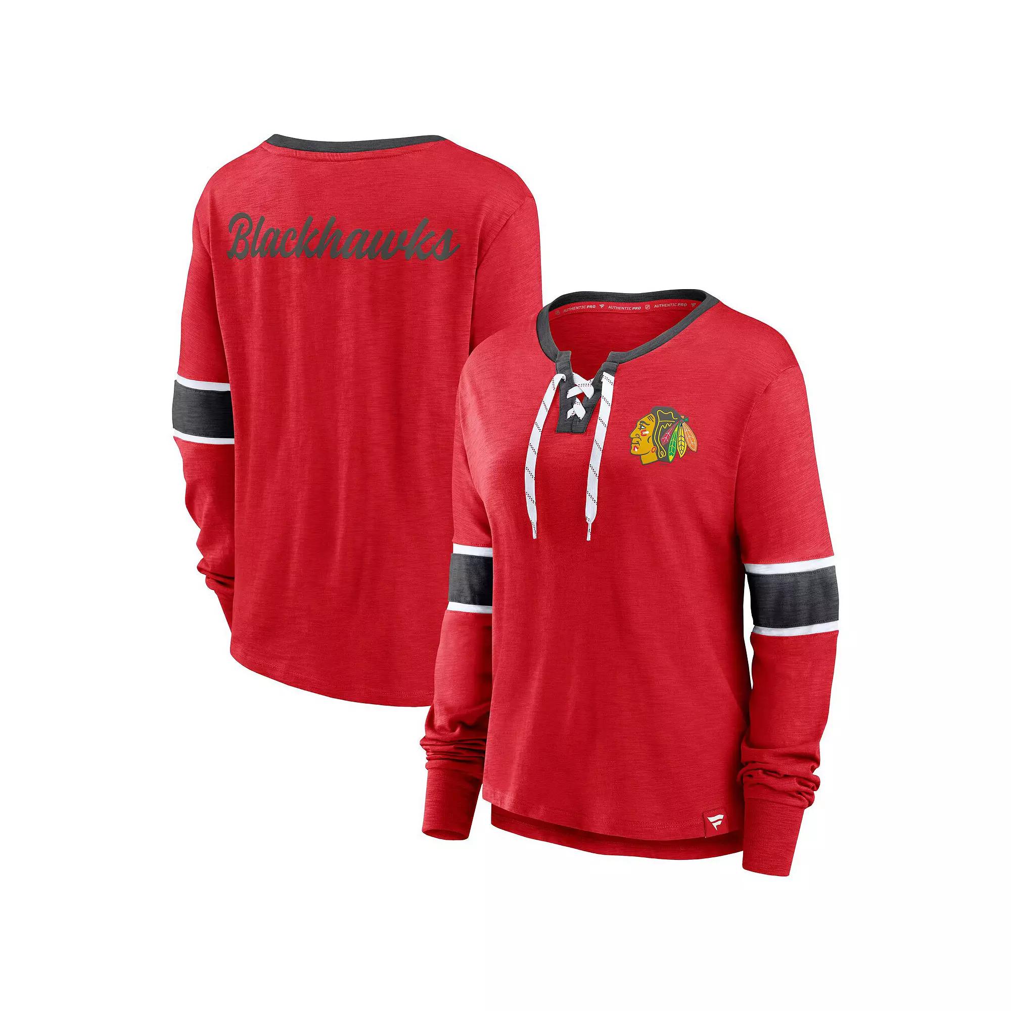 Women's Fanatics Branded Red Chicago Blackhawks Effervescent Exclusive Lace-Up Long Sleeve T-Shirt,  Product Image