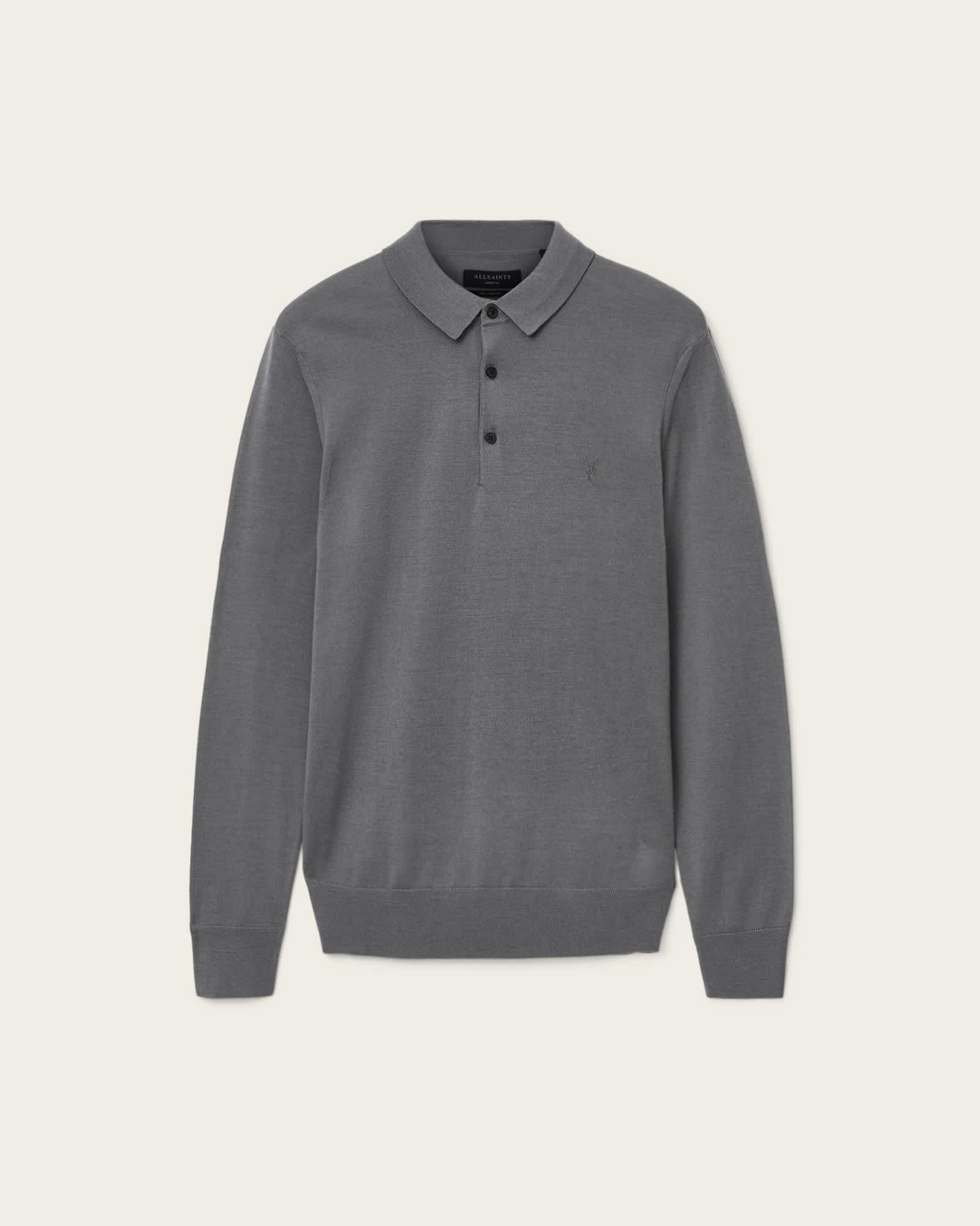 Mode Merino Long Sleeve Polo Shirt ASHER GREY | ALLSAINTS US Product Image