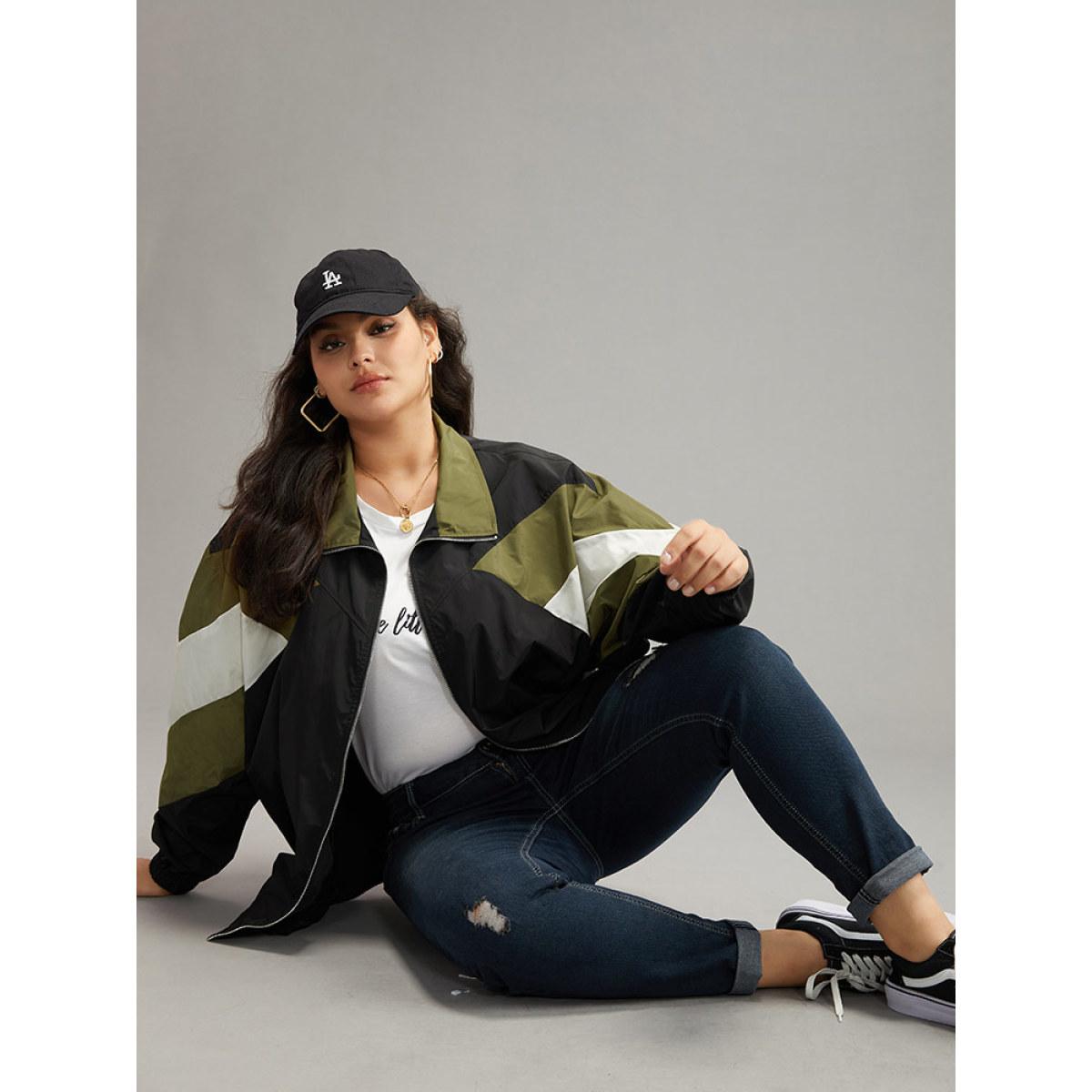 Plus Size Colorblock Patchwork Pocket Zipper Windbreaker Women Multicolor Contrast Pocket Everyday Jackets BloomChic 22-24/3X Product Image