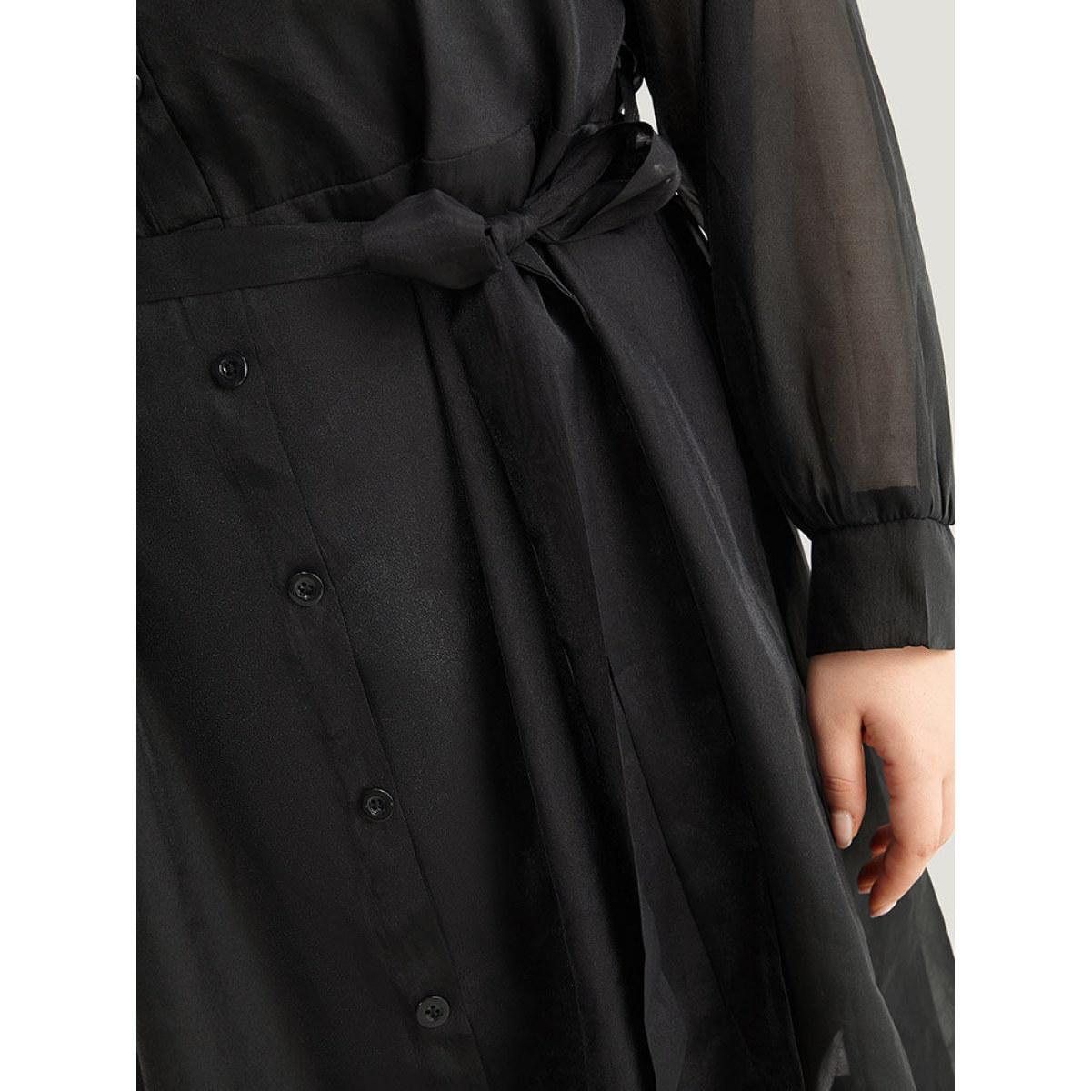 Plus Size Shirt Collar Button Up Belted Mesh Dress Black Women Elegant Lined Shirt collar Long Sleeve Curvy Midi Dress BloomChic 30/6X Product Image