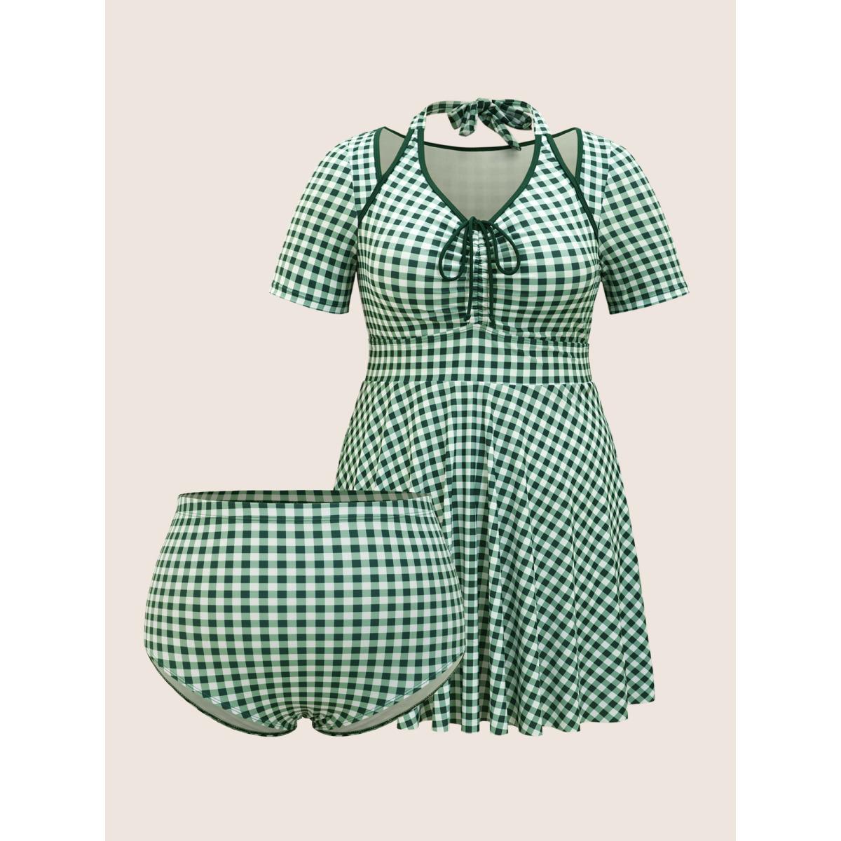 Plus Size Gingham Patchwork Drawstring Tie Knot Swim Dress Women's Swimwear Truegreen Beach Bodycon V-neck High stretch Curve Swim Dresses BloomChic 14-16/1X Product Image