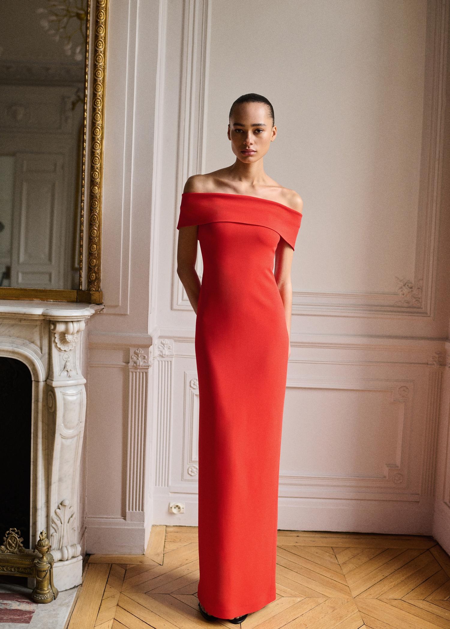 Off-the-shoulder dress with slit detail - Women | MANGO USA Product Image