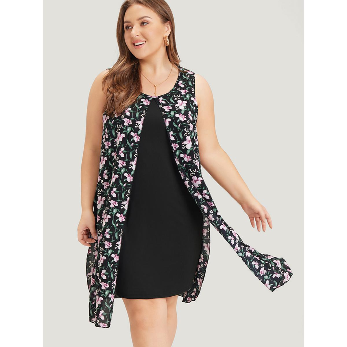 Plus Size Floral Patchwork Round Neck Split Hem Tank Dress BlackFlower Women Elegant Patchwork Round Neck Sleeveless Curvy Knee Dress BloomChic 14-16/1X Product Image