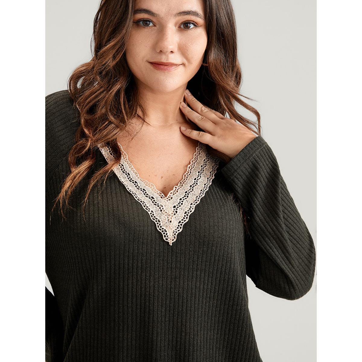 Plus Size Solid Contrast Lace V Neck Rib Knit Long Tee ArmyGreen Women Elegant Plain Plain V-neck Dailywear T-shirts BloomChic 26/4X Product Image