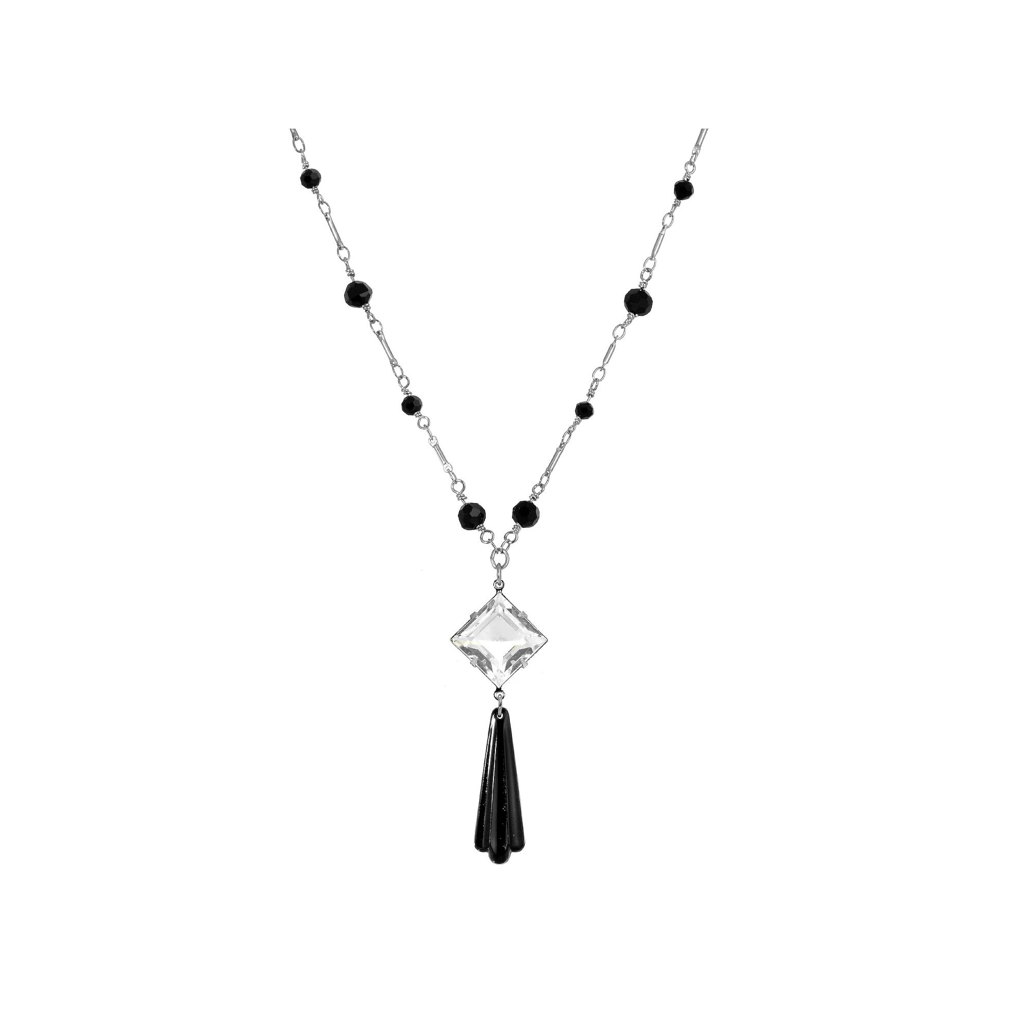 1928 Silver Tone Black Beaded Pendant Necklace, Women's Product Image