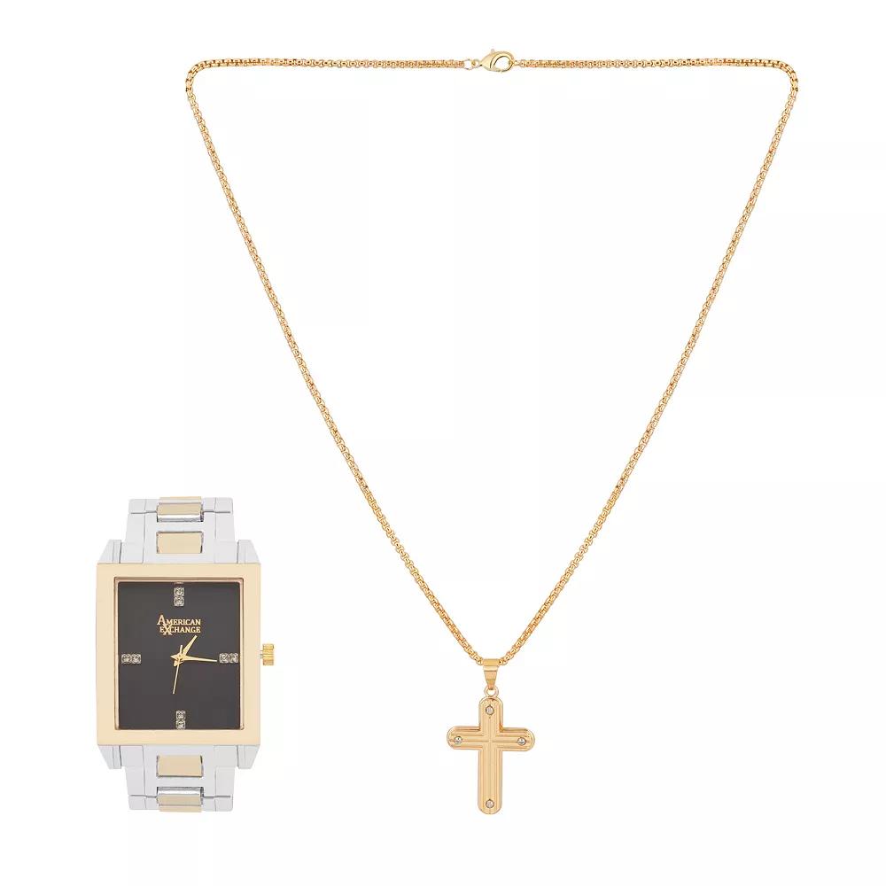 American Exchange Men's Two Tone Metal Alloy & Cross Pendant Necklace Set, Size: 36MM, Gold Silver Product Image