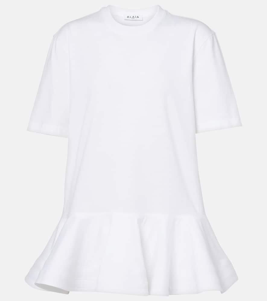 ALAÏA Oversized Poplin-trimmed Cotton-jersey Peplum T-shirt In White Product Image