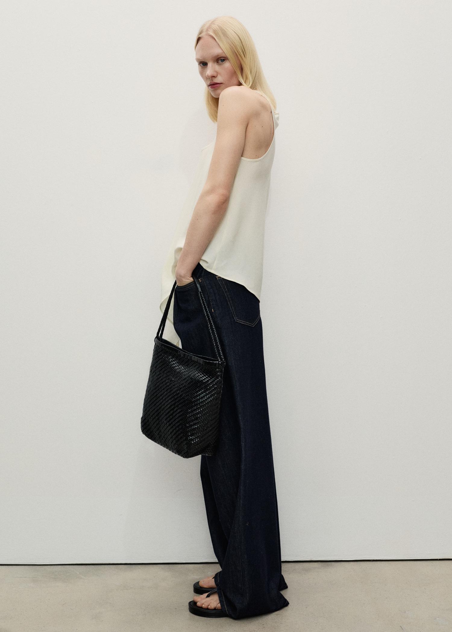 Wide-leg denim pants with frayed waist - Women | MANGO USA Product Image