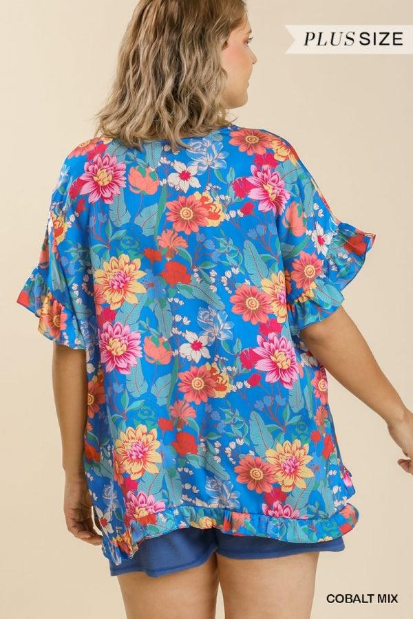 Susanne Satin Floral Print V-Neck Ruffle Hem Top - Reg & Plus! Product Image